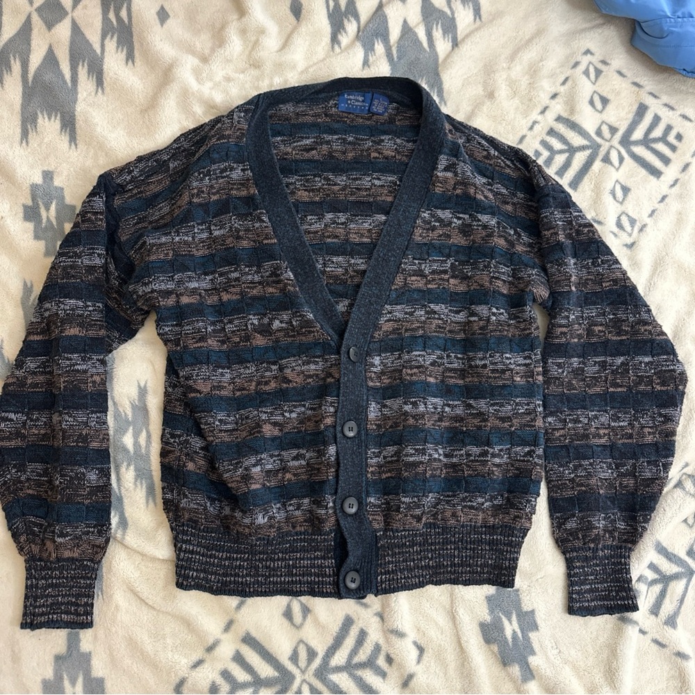 Vintage Men's Patterned Cardigan Sweater - Black and Brown